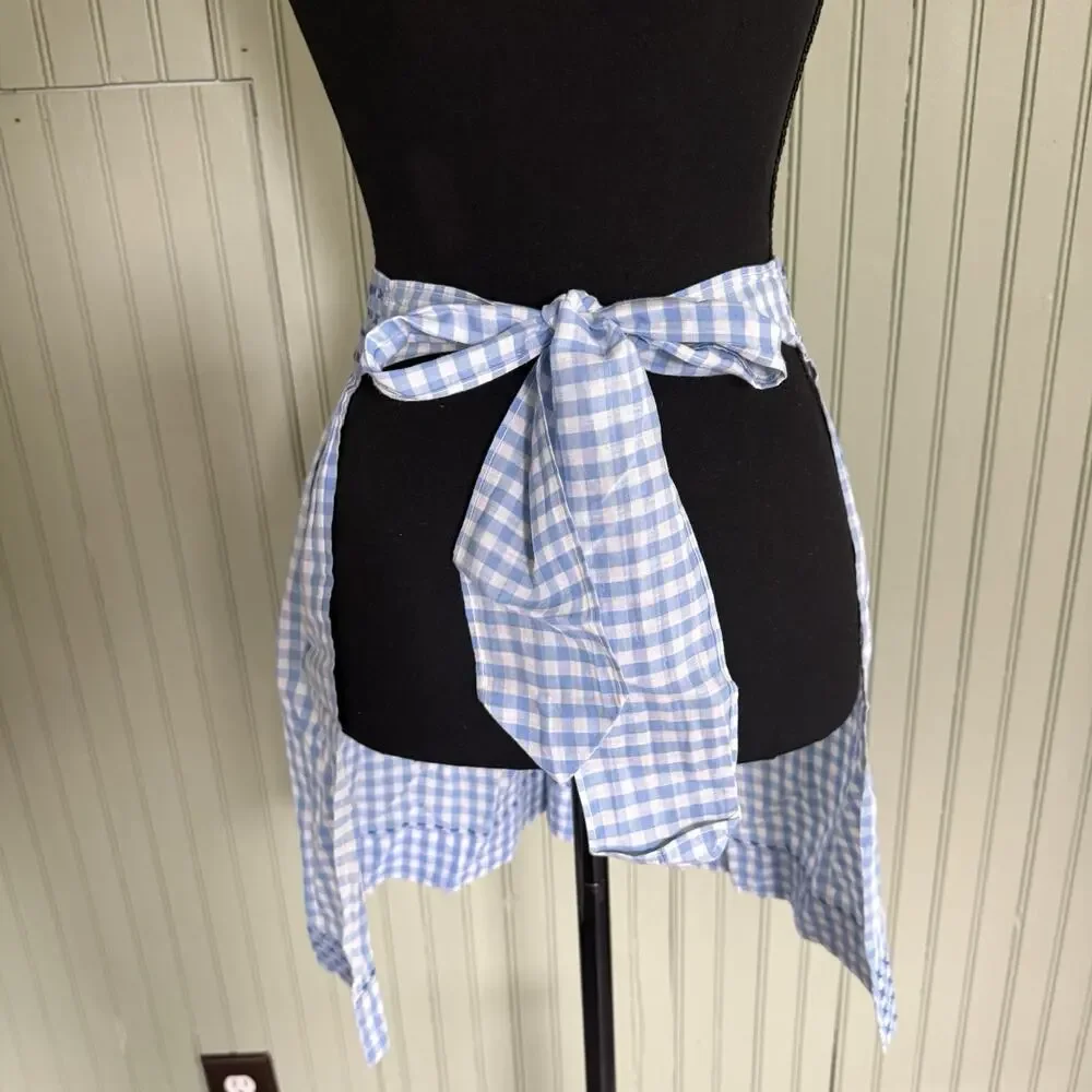 Vtg Hostess Half Apron Blue White MCM 50s Pocket Retro Tie Trad Cottage Gingham